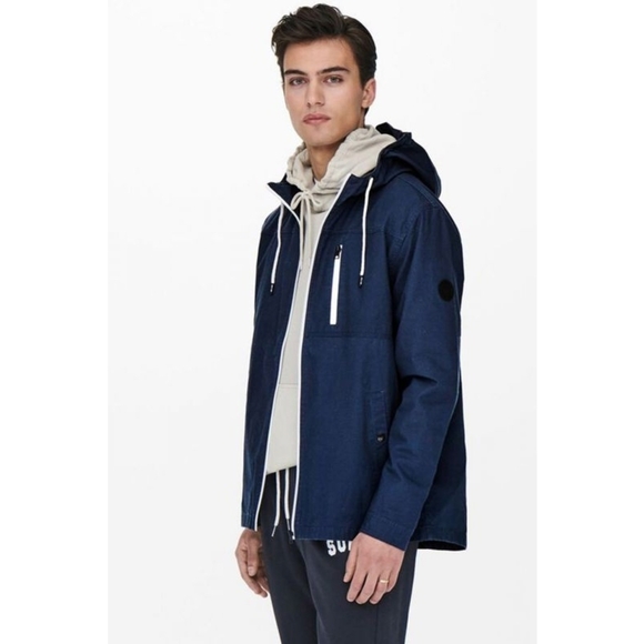 ONLY & SONS Men's Dark Blue Hooded Zipped Windbreaker ~ Size Small - Picture 3 of 15